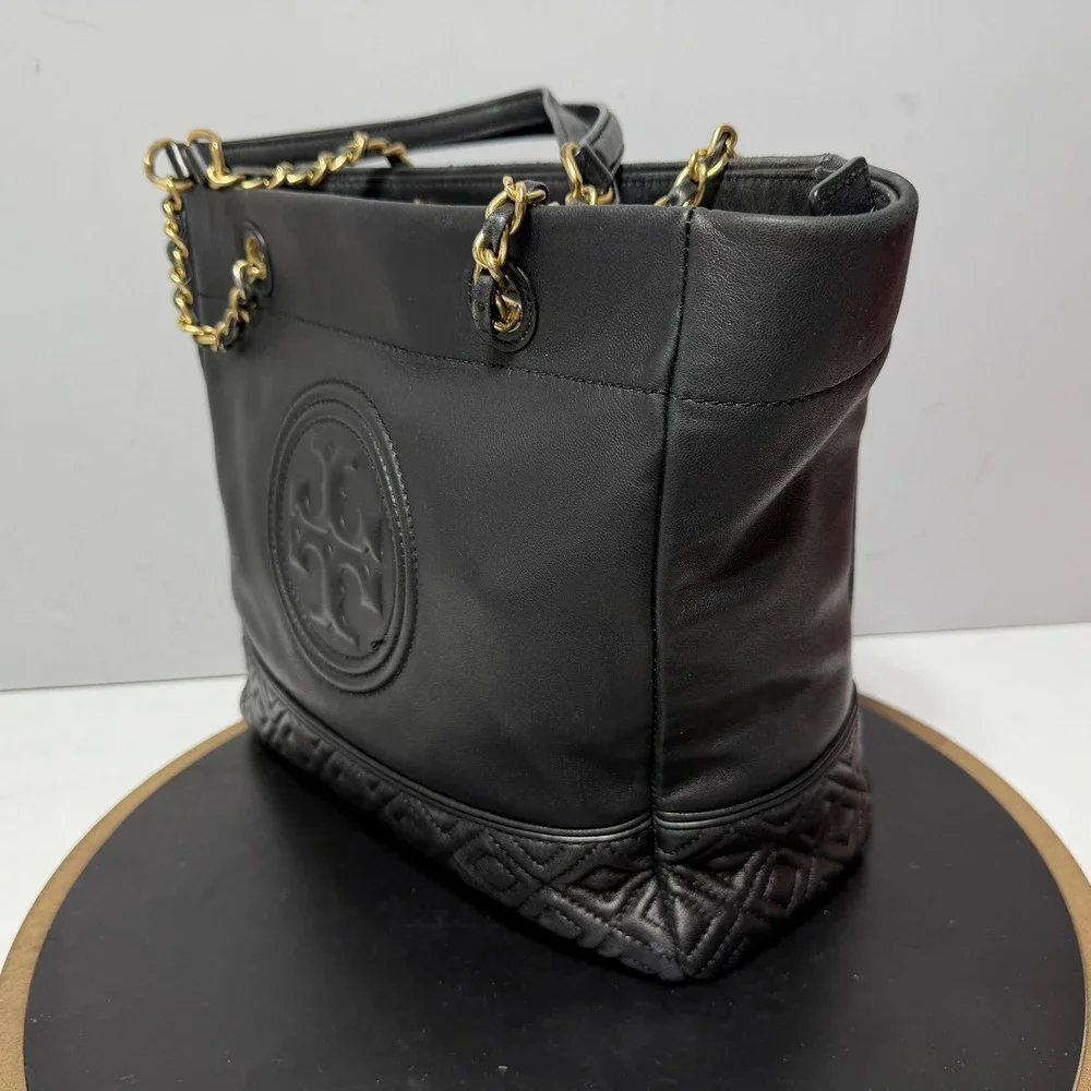 Tory Burch Tote Bag Womens Large Black Leather Chain Strap Purse Quilted Logo